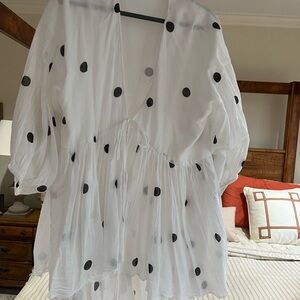 Elegant Sheer White Blouse with Black Polka Dots